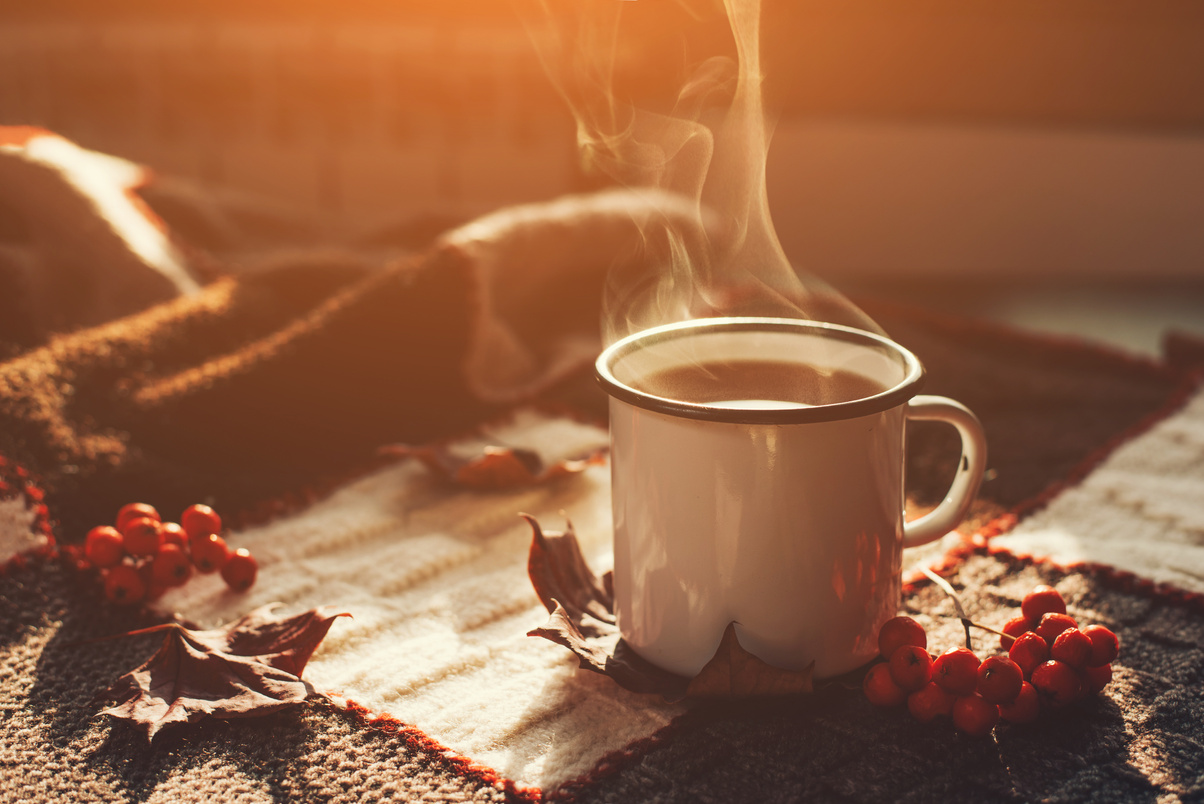 Autumn Hot Steaming Cup of Coffee or Tea.